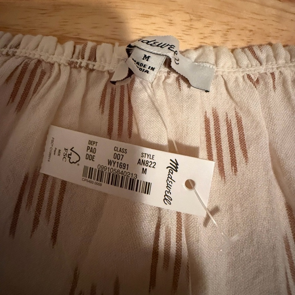 Madewell NWT Size Medium Cream Smocked Ruffle-Strap Tank Top in Ikat Dainty - Picture 5 of 8